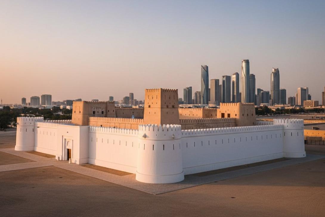 Qasr Al Hosn in Abu Dhabi at golden hour: the historic restored fort with bright white outer palace walls, the older sand-coloured inner fort behind, and the original square watchtower at the centre, set against the modern glass-tower skyline of Abu Dhabi in the distance
