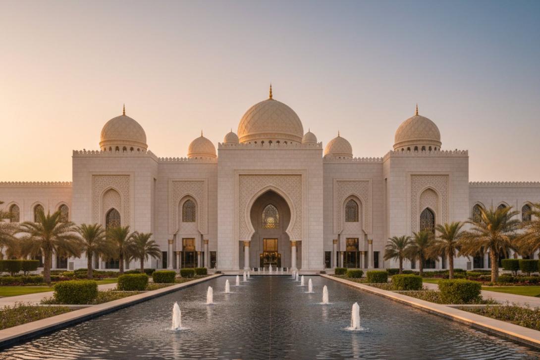 Qasr Al Watan presidential palace in Abu Dhabi at golden hour: vast white-granite palace with ornate Arab-Islamic geometric facade, central dome, and symmetrical wings reflected in a long fountain pool, framed by manicured palm trees