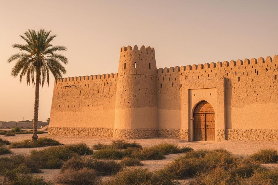 Restored 18th-century mud-brick Al Qawasim Fort housing the National Museum of Ras Al Khaimah at golden hour: tan and beige weathered traditional walls with crenellated battlements, a single round watchtower, a carved wooden door, and low desert scrub framing the foreground