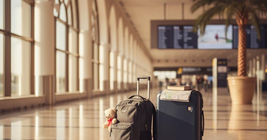 Editorial overhead flat-lay on oak floorboards of an open child's carry-on suitcase with folded clothes and a stuffed rabbit, a generic dark-blue passport, school exercise books, a child's crayon drawing, and a worn world map with a magnifying glass