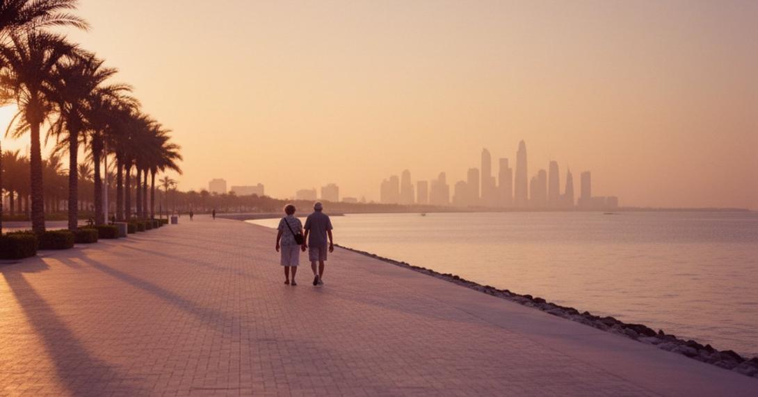 Wide editorial view at sunset along a quiet Saadiyat-style UAE corniche promenade with silhouettes of an older couple walking slowly side-by-side ahead in the frame, faces turned away, the Arabian Gulf glowing peach and gold to their right and low coastal palms casting long shadows