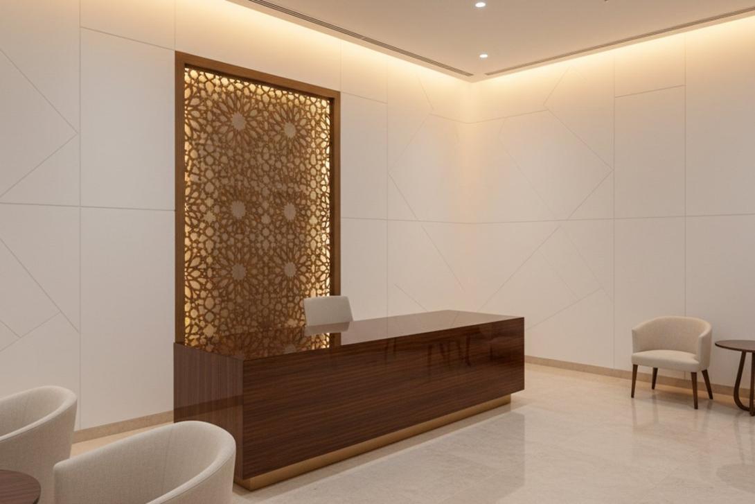 Modern Sharia-compliant financial services interior with mashrabiya wooden screen and Arab-Islamic geometric panelling