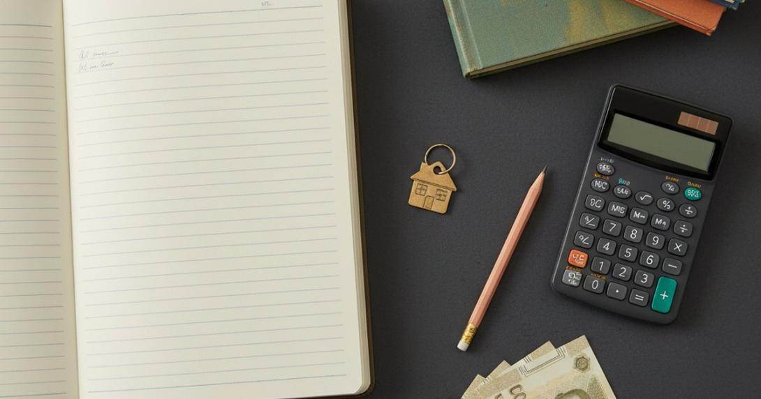 Editorial flat-lay on charcoal of a school exercise book, textbooks, calculator, pencil, brass key, and fanned generic dirham-style banknotes