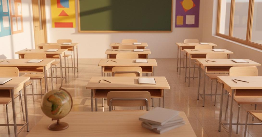 Empty modern international-school classroom in late afternoon with rows of light-wood desks, a green chalkboard, and warm sunlight slanting through tall windows