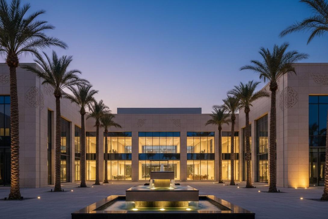 Sharjah Media City office complex at evening with cream and beige facade with subtle Arab-Islamic geometric patterning, warm interior light, and a palm-lined plaza with a modern fountain