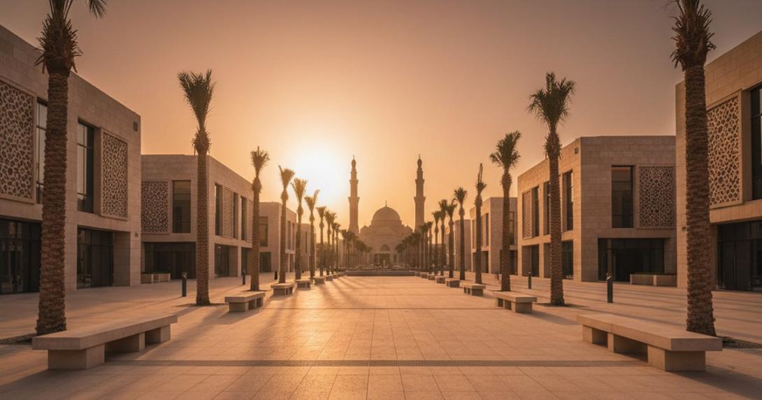 Modern Sharjah cultural and business district at golden hour with low-rise office and library buildings featuring Arab-Islamic stone facade detailing, a pedestrian plaza, and a minaret silhouette in the background