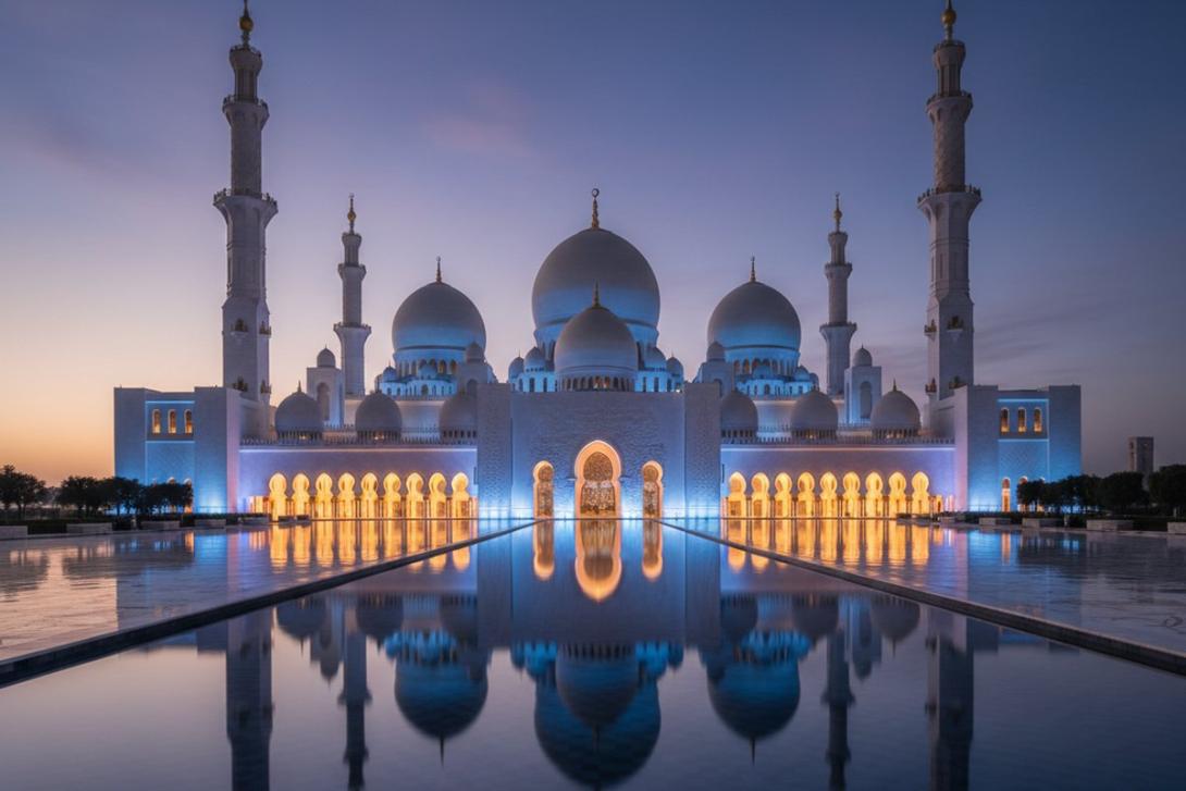 Sheikh Zayed Grand Mosque at blue hour: vast white marble mosque with multiple onion-shaped domes and four tall minarets reflected in a long pool, with subtle warm uplighting against a deep twilight sky