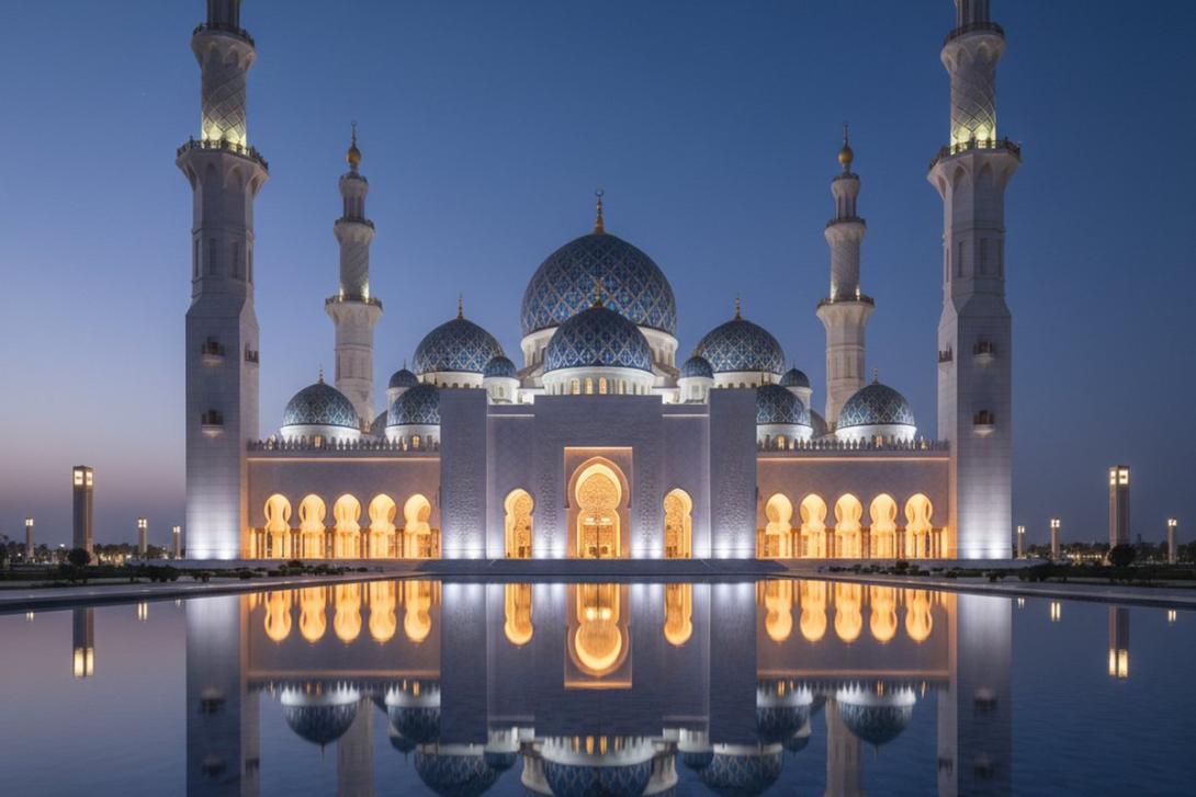 Sheikh Zayed Mosque Ajman at blue hour: a modern white-marble mosque exterior with distinctive blue-and-gold domes and two tall slender minarets, subtly uplit against a deep twilight indigo sky reflected in a foreground pool