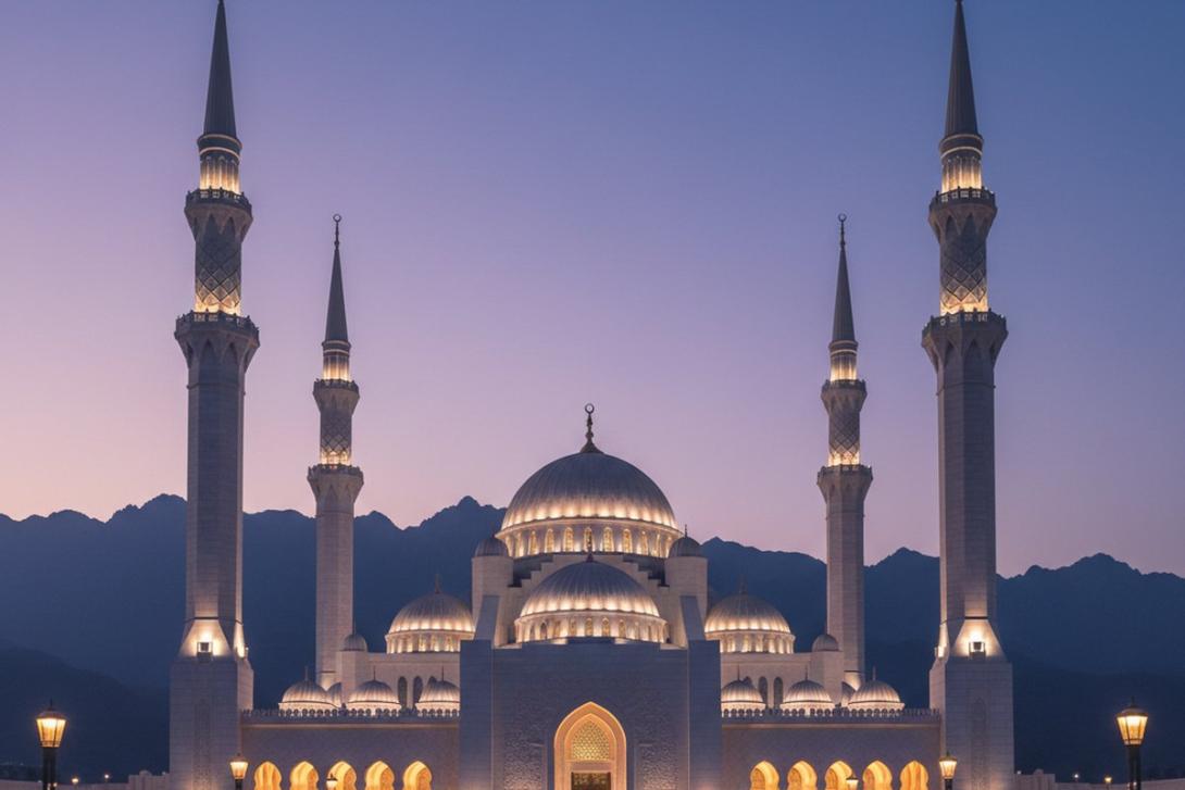 Sheikh Zayed Mosque Fujairah at blue hour: a large white-and-beige stone mosque with six tall slender minarets and multiple domes, subtly uplit against a deep twilight indigo sky with the silhouette of the Hajar Mountains in the distance