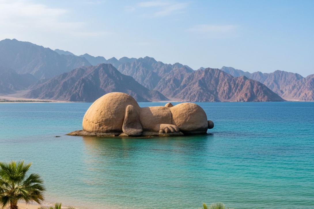 Snoopy Island offshore from Al Aqah Beach in Fujairah: a small distinctive rocky island whose silhouette resembles a sleeping cartoon dog, surrounded by calm turquoise Gulf-of-Oman water, with a strip of soft sandy beach and low palms in the foreground and the rugged Hajar Mountains rising in the background