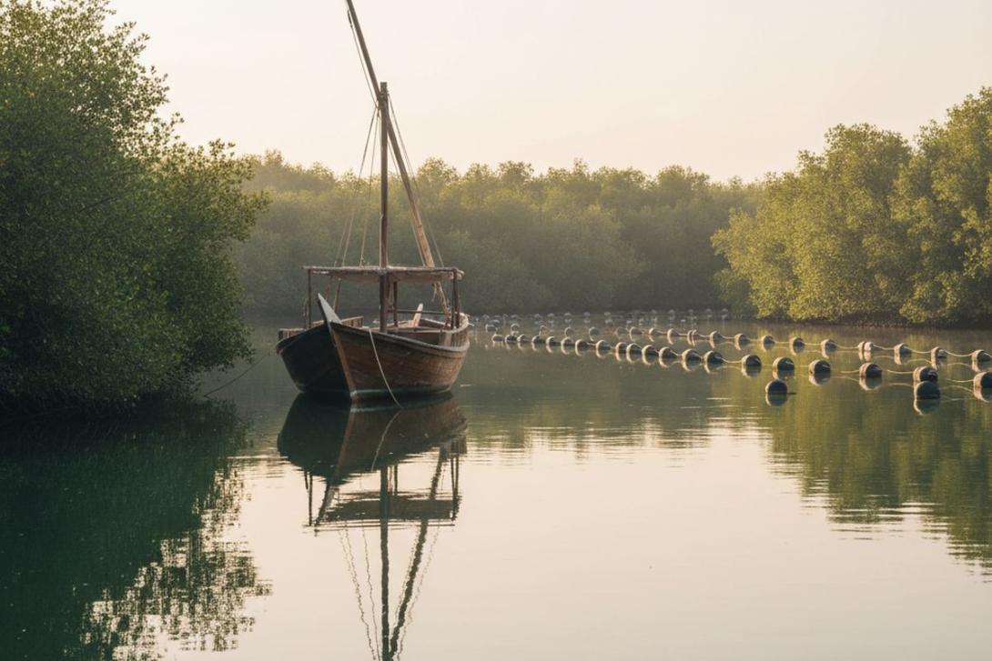 Traditional wooden Arabian dhow moored on a calm sheltered creek inlet in Ras Al Khaimah, with green mangroves lining the banks and a network of dark floating buoys and ropes marking the cultured pearl beds in the middle distance, soft early-morning warm light reflecting on mirror-flat water