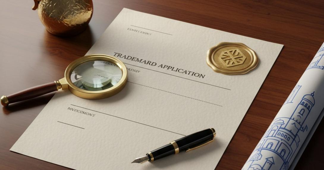 Editorial flat-lay on dark wood with a stylised trademark-application document with a wax-seal-style emblem, magnifying glass, fountain pen, and dallah coffee pot
