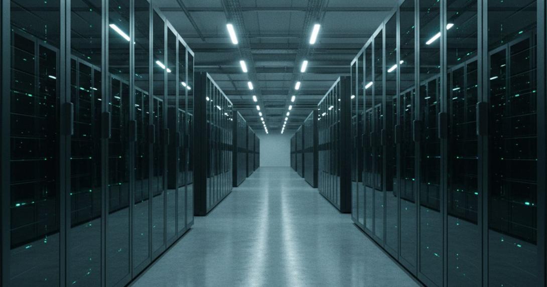 Conceptual data-centre server corridor with parallel rows of dark cabinets and subtle blue and green LED lights, vanishing-point composition