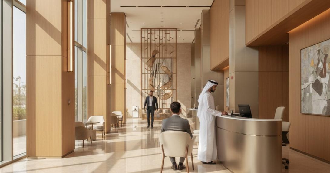 Modern UAE bank-branch lobby — a bank officer in traditional Emirati kandura and ghutra at a brushed-metal teller desk, a seated customer viewed from behind, warm wood and stone interior with daylight from floor-to-ceiling windows.