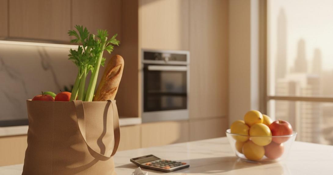 Modern UAE apartment kitchen with a reusable shopping bag full of fresh groceries on the marble counter, a glass fruit bowl, a small calculator, and a soft-blurred view of Dubai apartment towers through the window in golden afternoon light.
