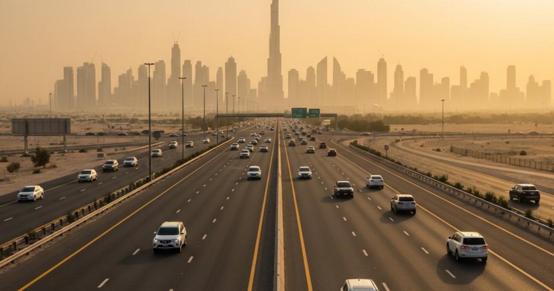 UAE driving — Sheikh Zayed Road style highway in Dubai at golden hour with the Dubai skyline and Burj Khalifa softly visible in the warm haze.