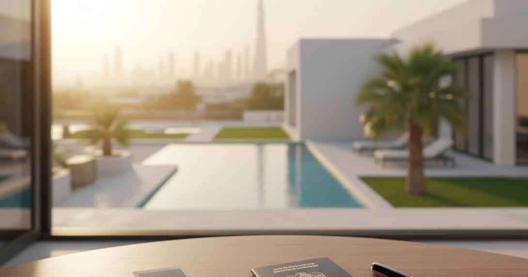 Editorial flat lay of a passport, photo print and pen on a wooden desk overlooking a Dubai villa pool with the Burj Khalifa in golden-hour haze.