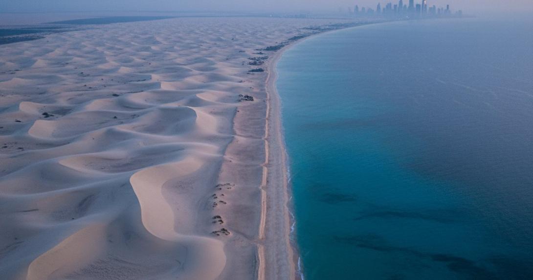 Aerial dawn view of the UAE coastline — pale sand dunes meeting the turquoise Persian Gulf, with the Dubai skyline softly visible in the distant blue-hour haze.