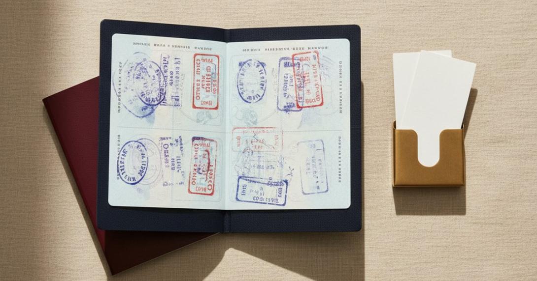 Overhead flat lay of an open passport showing pages stamped with abstract travel stamps in blue and red, a closed burgundy passport stacked beneath, and a brass card holder with two folded paper slips on a beige linen surface.