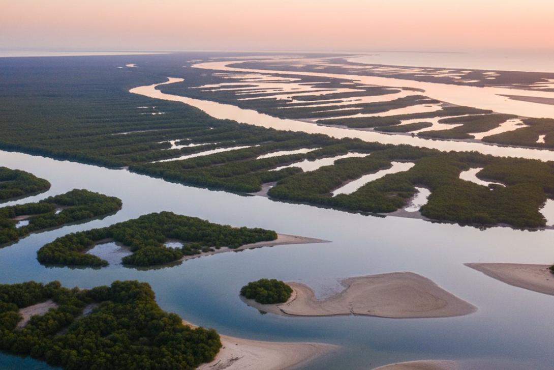 Aerial sunrise over Khor Al Beidah in Umm Al Quwain: a sprawling network of dark green mangrove islands separated by silver-blue tidal channels, with pink and orange dawn light reflecting off the water