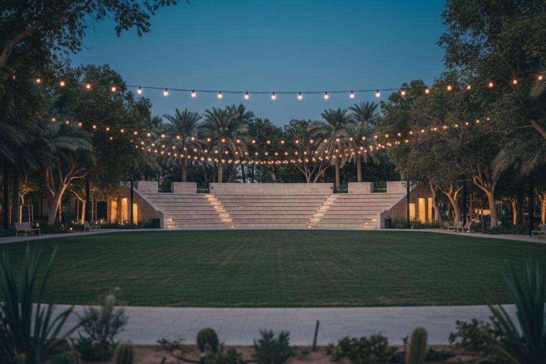 Umm Al Emarat Park amphitheatre at dusk in Abu Dhabi: a stepped outdoor amphitheatre lit by warm uplighting next to an open lawn with strung festoon bulbs and mature ghaf trees framing the sides