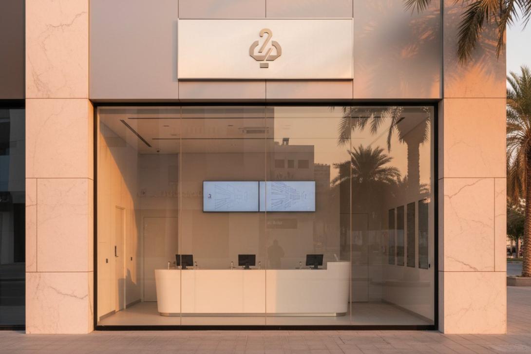 Modern exchange-house storefront on a Dubai street at golden hour
