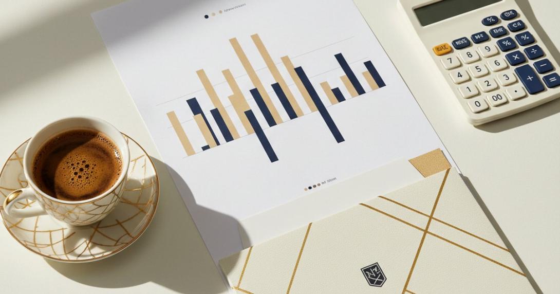 Editorial flat-lay of a stylised VAT-themed paper printout with bar-chart graphics, calculator, fountain pen, tax-document folder, and Arabic coffee cup