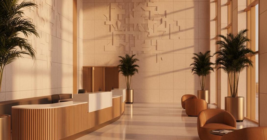 Wide view of a modern UAE government service-centre lobby at golden hour with polished pale-stone floor, light-wood and brushed-brass reception counter, Arab-Islamic geometric stone wall panelling, tall arched windows and leather armchairs