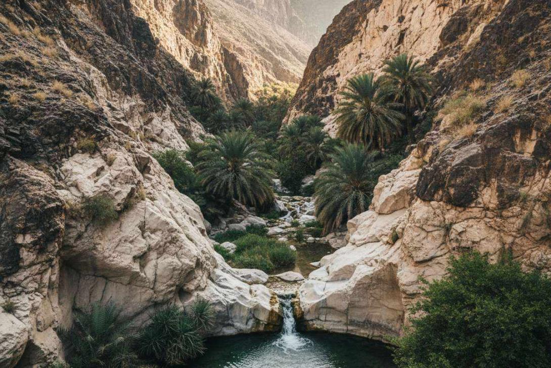 Dramatic landscape of Wadi Wurayah in the Hajar Mountains, Fujairah: a deep V-shaped rocky limestone valley with steep beige and dark-brown cliffs, a small clear freshwater pool and tiny waterfall at the valley floor surrounded by green vegetation
