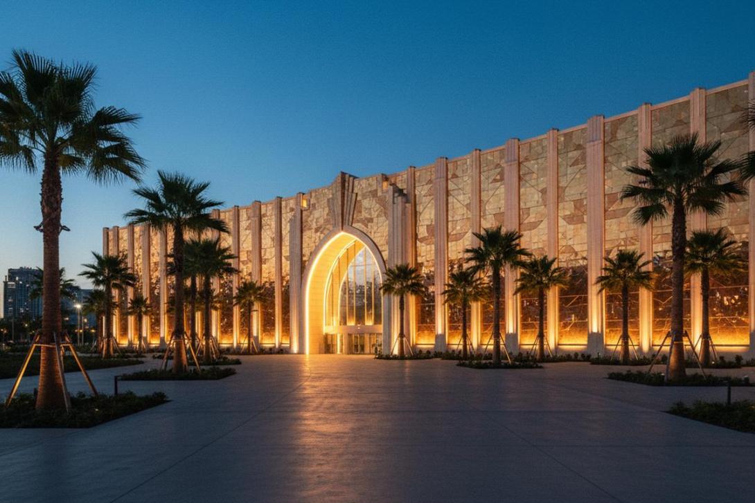 Evening exterior view of Warner Bros World Abu Dhabi: a long curving reflective Art Deco facade lit by warm uplighting with a softly glowing central entrance arch, manicured palm trees framing the foreground