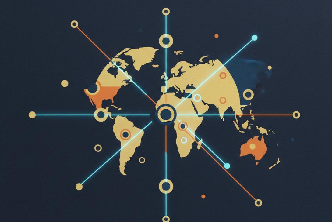 Conceptual flat-lay of stylised global remittance corridors as a network of glowing dots and lines on a dark navy background