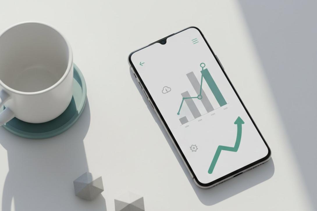 Smartphone showing a generic abstract money-transfer mobile app interface on a clean white desk