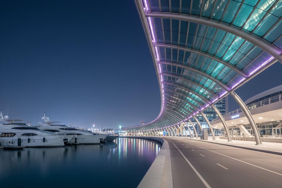 Yas Marina Walk at night: the curved illuminated arc of the Yas Hotel glows soft purple and teal LED light over the running path, with moored superyachts in the marina basin reflecting the colours on the dark water