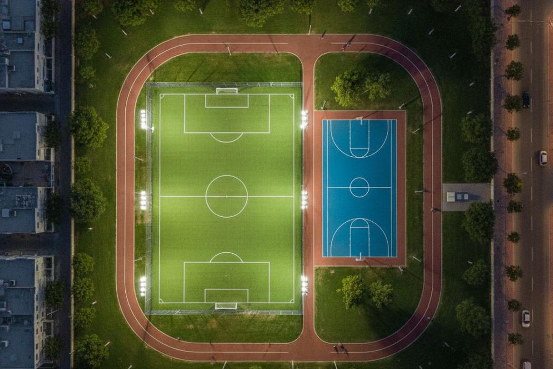 Aerial view of the floodlit football pitch, basketball court and jogging track at Al Hamidiya Park, Ajman