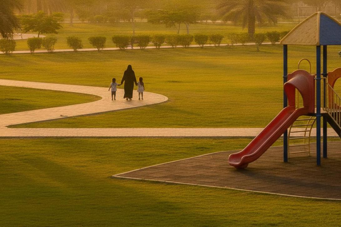 Playground and lawns at Al Jurf Family Park in Ajman at golden hour