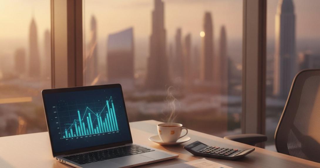 Accountant's desk with laptop, financial statements and calculator against a Dubai skyline at golden hour