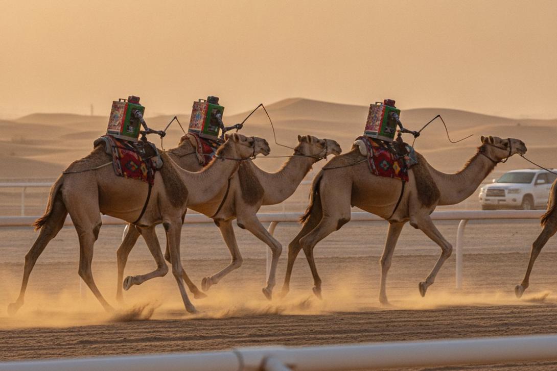 Racing camels carrying robot jockeys on the sand track at Al Marmoom Camel Racetrack, Dubai