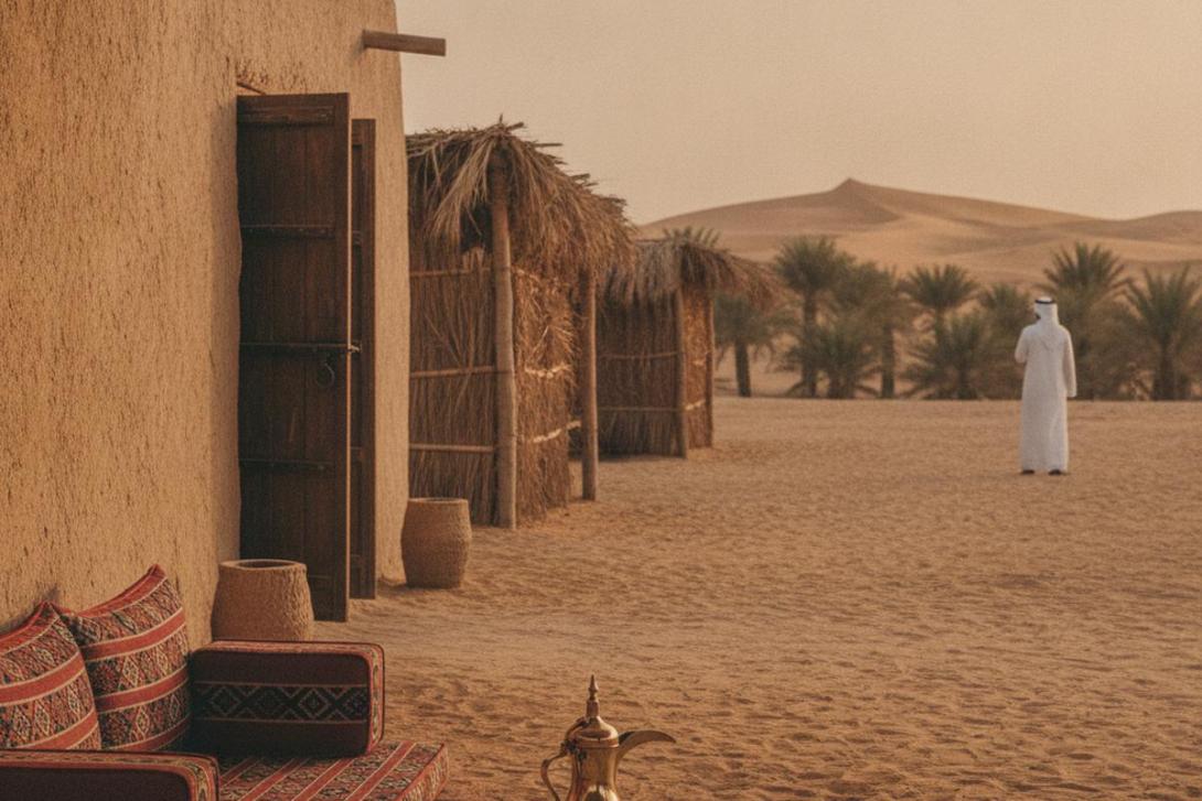 Majlis seating, coffee pot and palm-frond shelters at Al Marmoom Heritage Village, Dubai