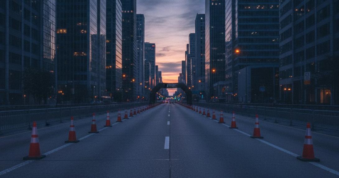 Empty closed city highway at blue hour lined with traffic cones leading to a distant start arch