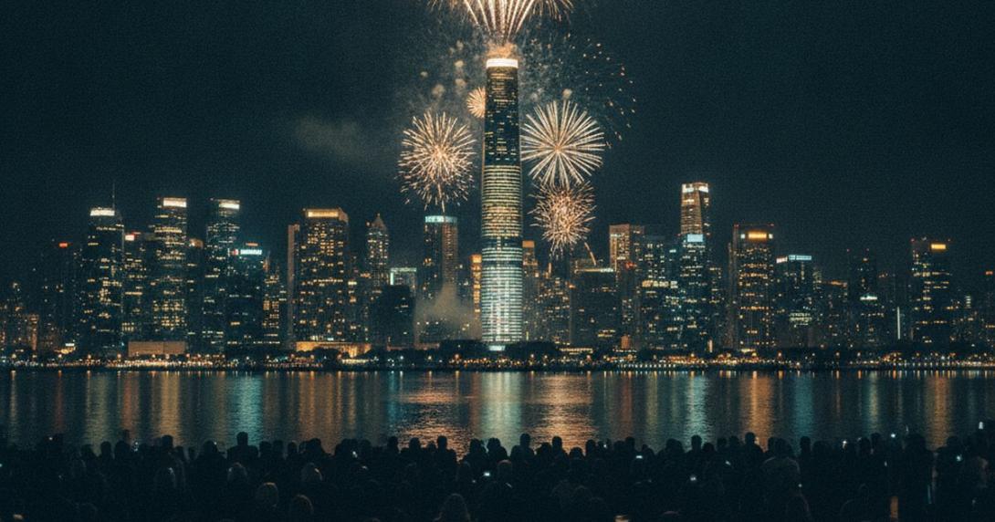 Crowd silhouettes on a waterfront watching fireworks above a distant illuminated city skyline