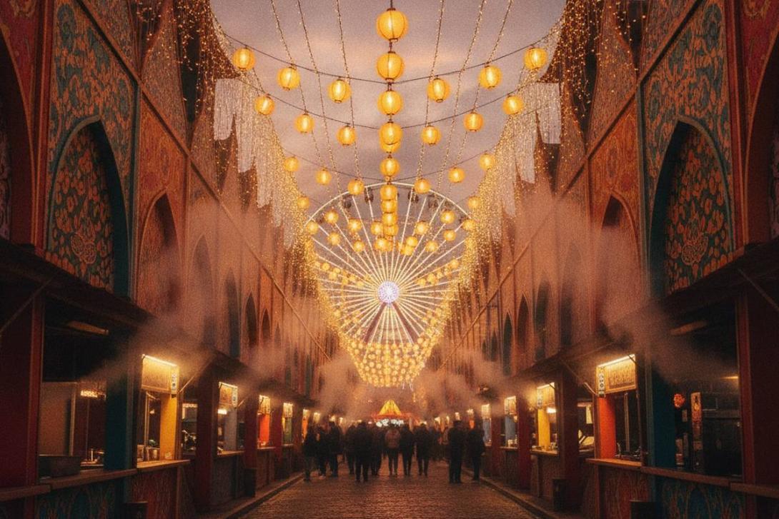 Festival food street at dusk with strings of lanterns converging on a distant illuminated Ferris wheel