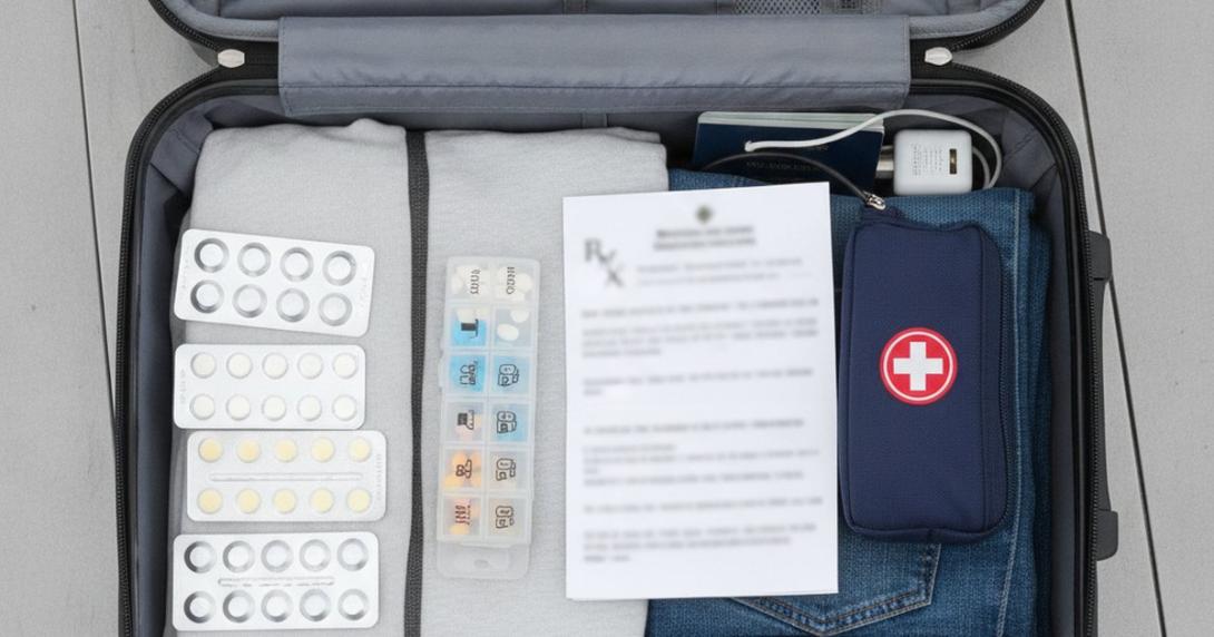 Open suitcase packed with medicine blister packs, a pill organizer and a folded prescription