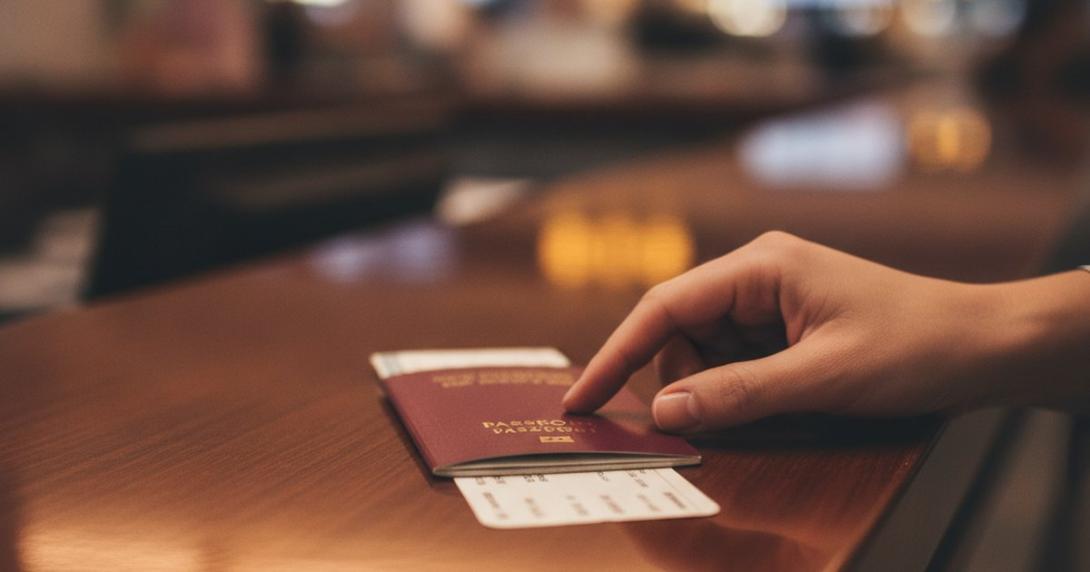 A passport and boarding pass on an airport counter with a departure hall blurred behind