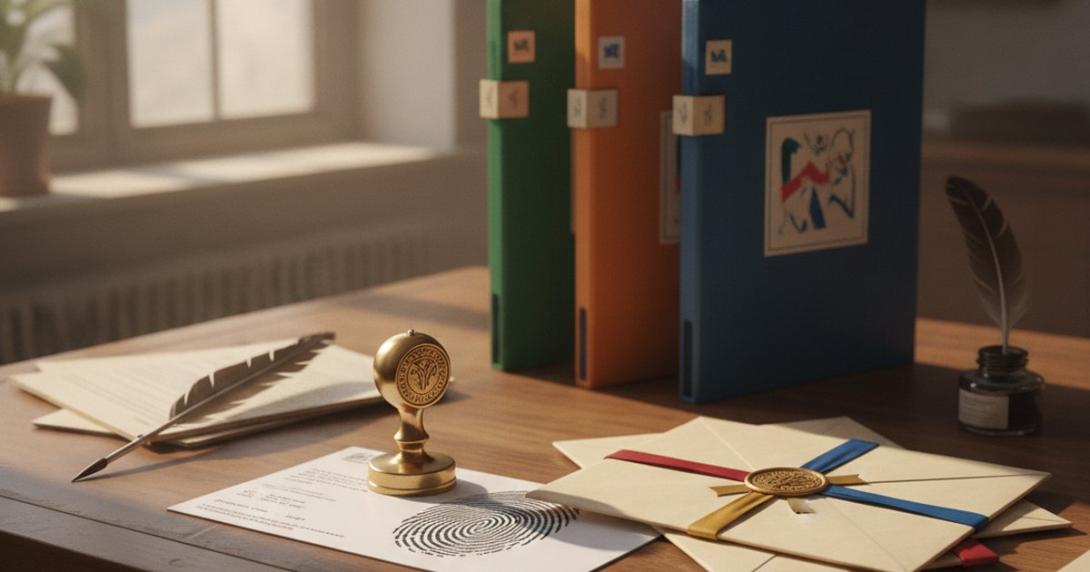 Fingerprint card, brass stamp and sealed certificate envelopes with document folders on an office desk