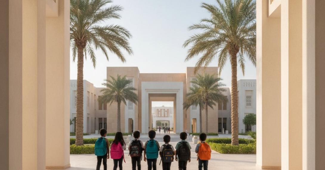 Children with backpacks walking into a modern UAE school courtyard lined with date palms