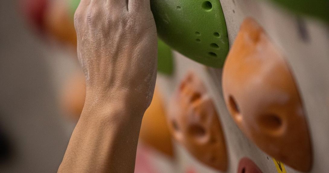 Climber's chalked hand gripping a hold on a wall that shades from red through amber to green