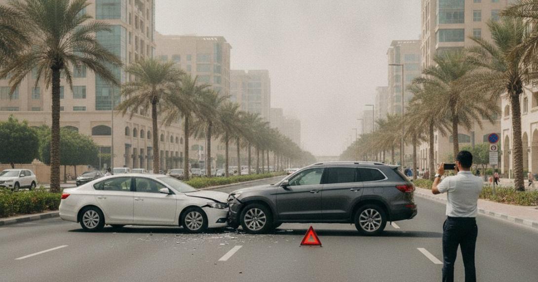 Minor two-car collision on a Dubai street with a warning triangle and a driver photographing damage