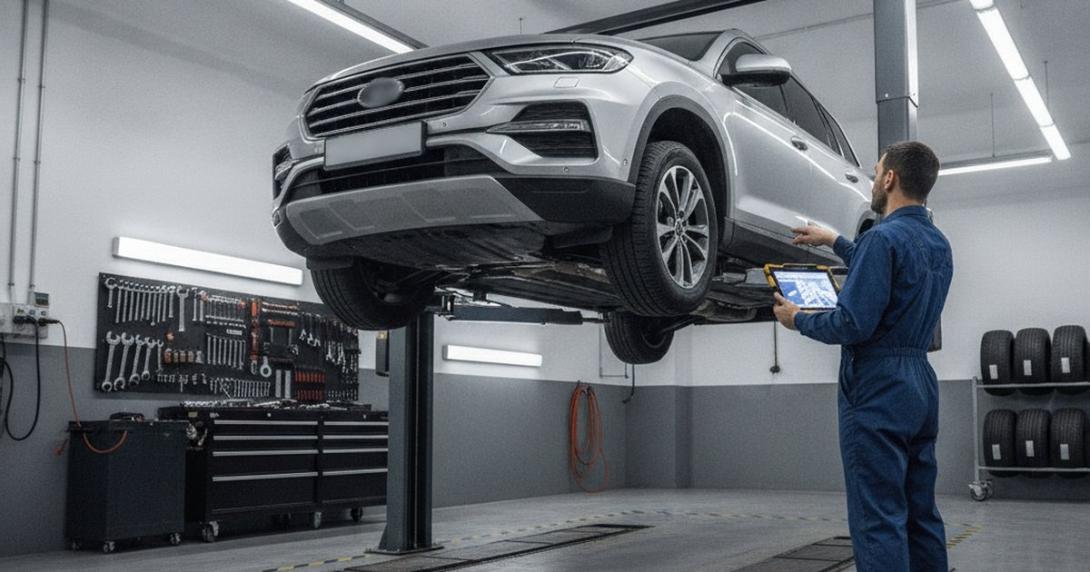 Car raised on a lift in a vehicle inspection bay with a technician checking underneath