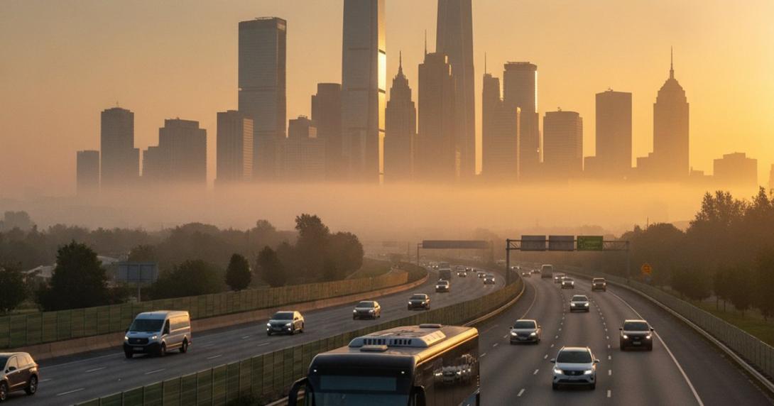 Intercity bus on a wide highway at sunrise heading toward a distant city skyline