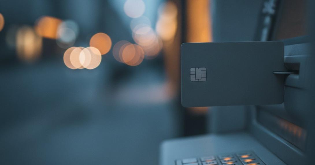 Blank dark payment card half-inserted into an ATM slot at dusk with street lights in soft focus